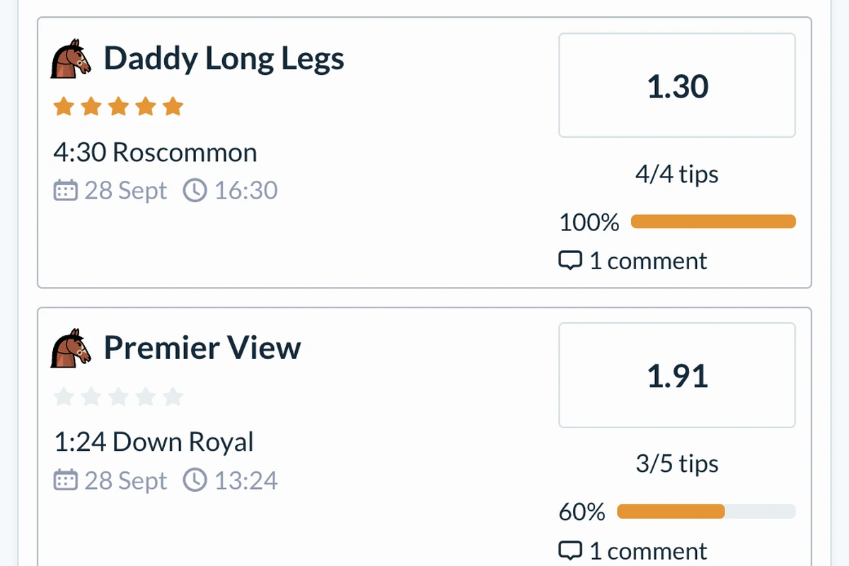OLBG Bot · Answers come back as live tip cards, with odds and tipster consensus