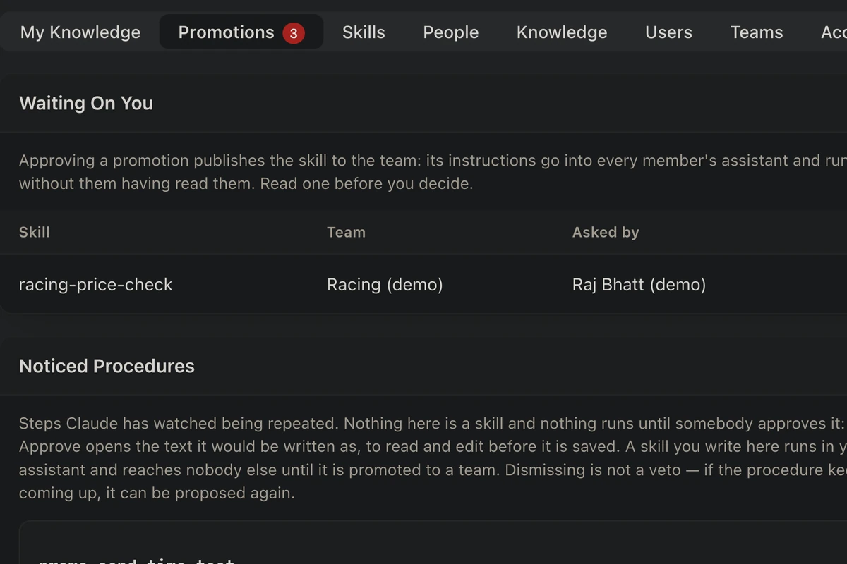OLBG.brain · Admin: skill promotions waiting on a team decider, and procedures Claude noticed