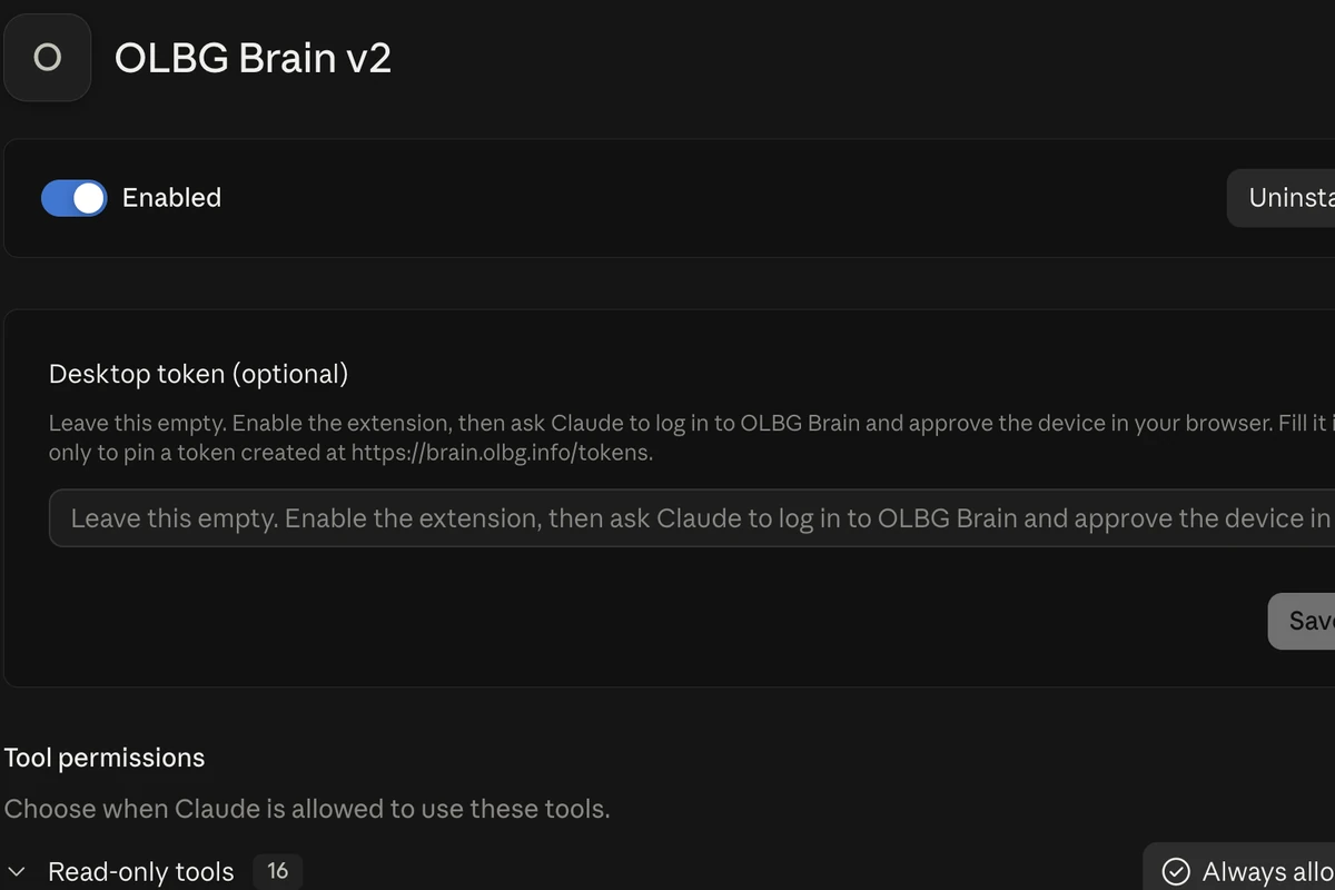 OLBG.brain · Installed as a Claude extension, with per-tool permissions
