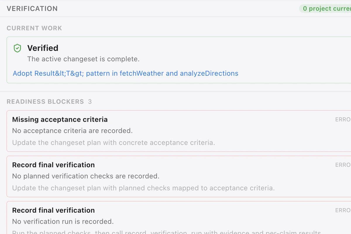 Tide · Verification: every changeset checked before it counts as done