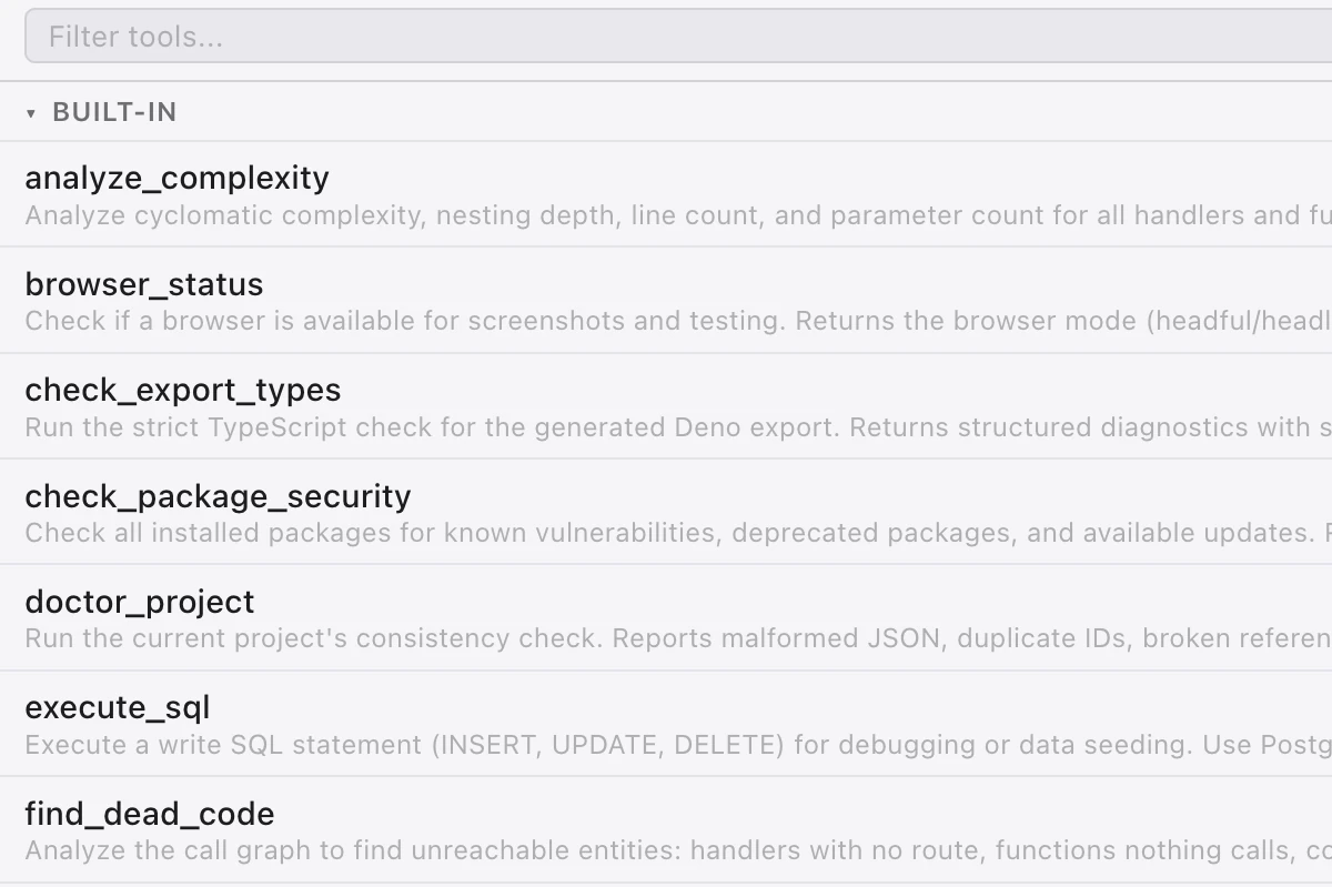 Tide · Tools: 38 built-in tools the agent works with
