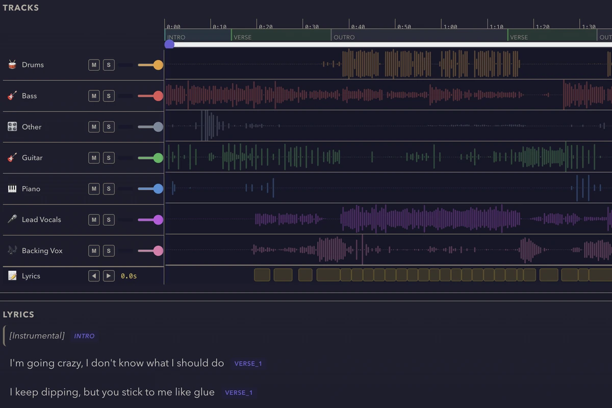 YouKaraoke · Seven stems separated from one song, with sections detected