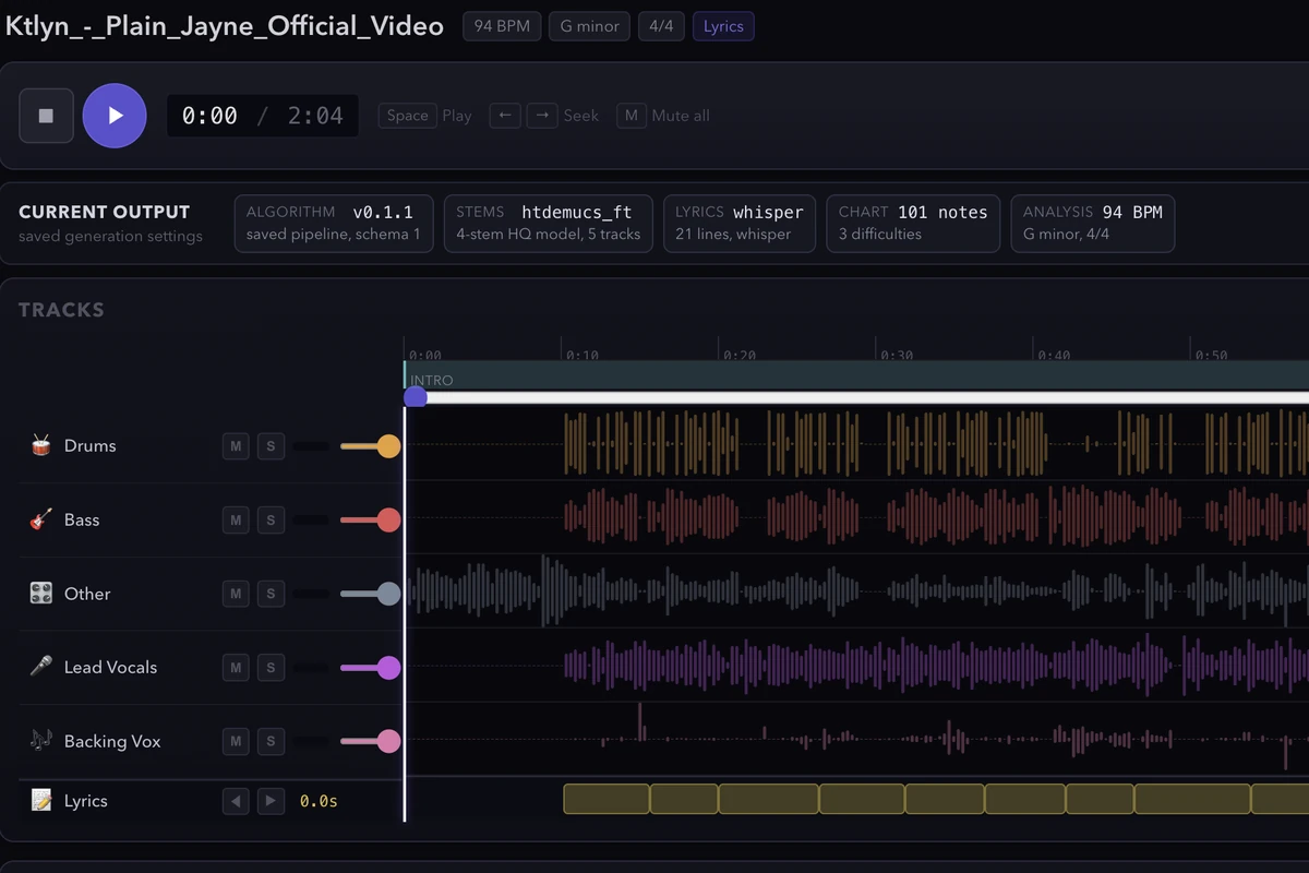 YouKaraoke · Current output: stem model, lyrics transcription, chart and tempo/key analysis